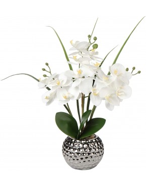 Artificial Orchids Flowers 20'' White Fake Flowers Arrangement Faux Orchid Plant with Silver Vase Phalaenopsis Orchid for Home Party Bathroom Table Living Room Office Kitchen Desk Decor