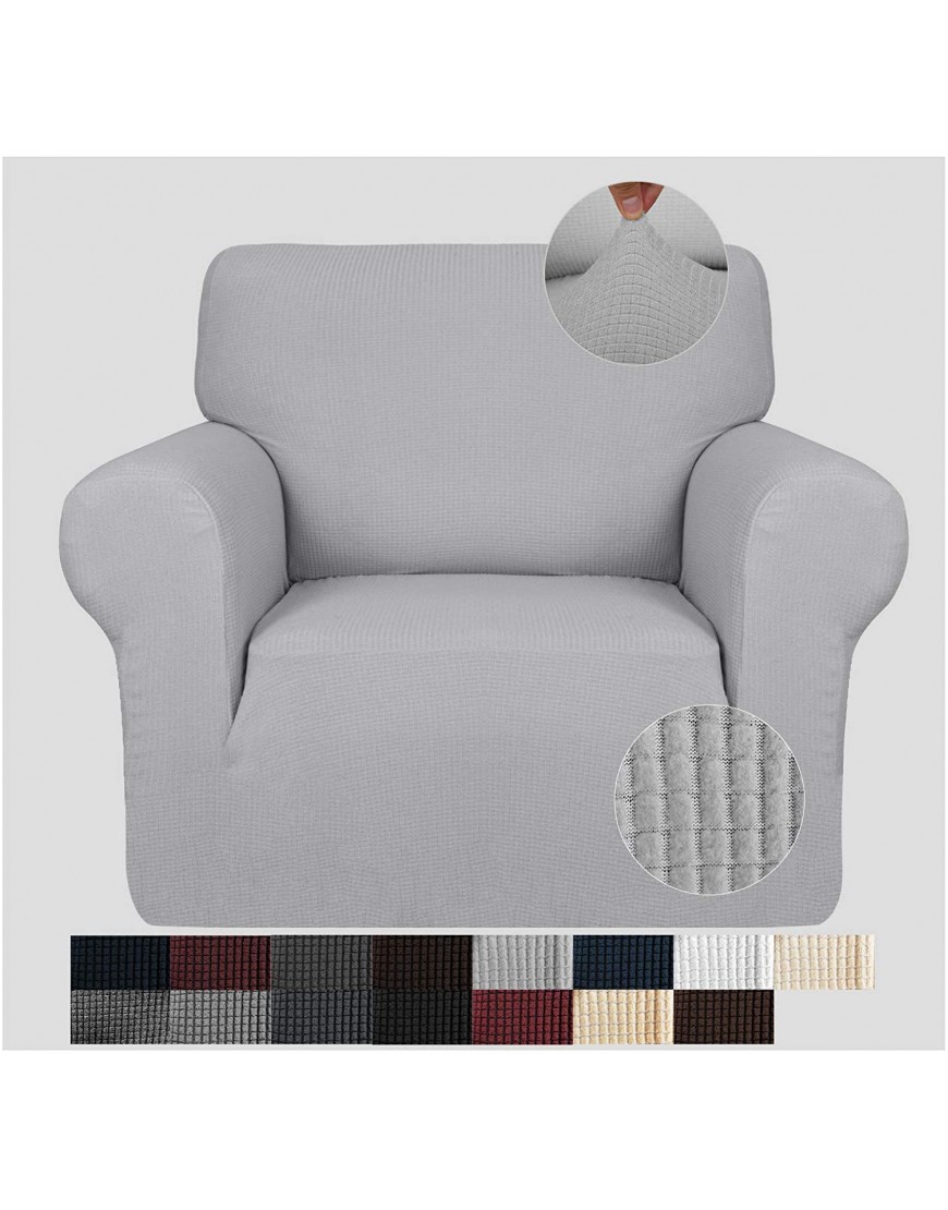 JIVINER Super Stretch Chair Slipcovers with Arms 1-Piece Jacquard Small Checks Living Room Armchair Covers Soft Anti Slip Sofa Couch Furniture Protector for Kids Pets Chair Light Gray and White