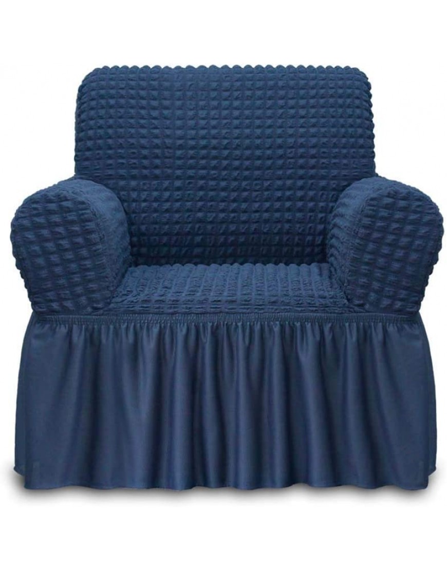NICEEC Armchair Slipcover Blue Armchair Covers 1 Piece Easy Fitted Sofa Couch Cover Universal High Stretchable Durable Furniture Protector with Skirt Country Style 1 Seater Navy Blue