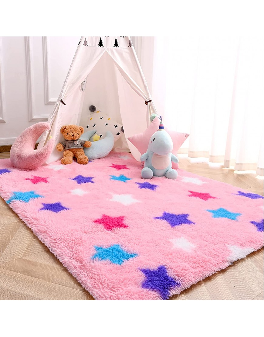 RUGIGI Fluffy Star Rug for Girls Pink Kids Rug for Bedroom Starry Pattern Shaggy Area Rugs Soft Fuzzy Shag Carpets for Princess Castle Tent Nursery Home Decor 4 x 5.9 Feet