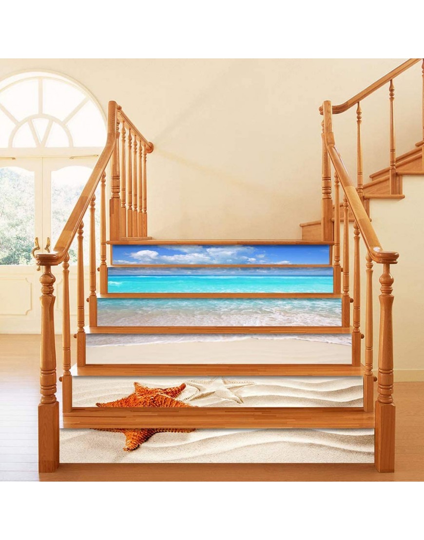 ceng-AIO 6pcs Set 3D Beach Starfish Staircase Stair Riser Floor Sticker Self Adhesive DIY Stairway Waterproof PVC Wall Decal Home Decor