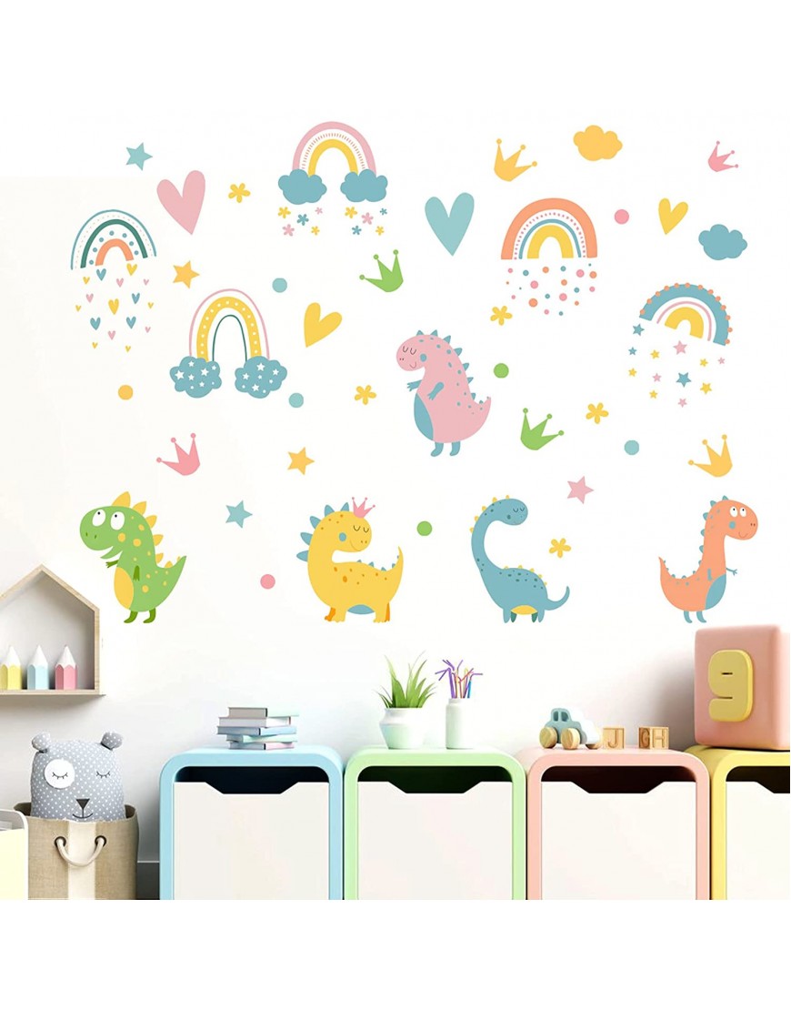 Colorful Rainbow Wall Decals Watercolor Dinosaur Wall Stickers Attractive Rainbow Heart Crown Cloud Star Wall Stickers Removable DIY Art Wall Decors for Girls Bedroom Nursery Home Decoration