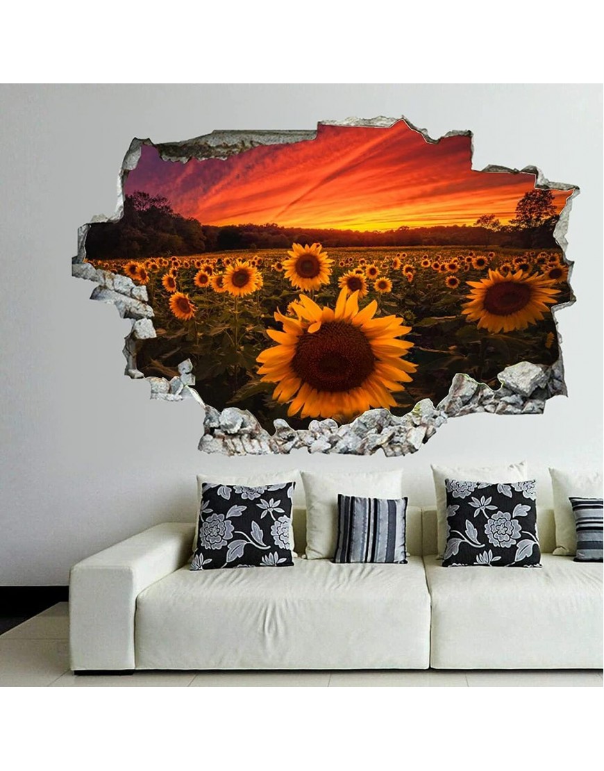 Sunrises and Sunsets Sunflowers Fields Wall Decal Landscape 3D Break Through Wall Sticker Removable PVC Funny Wall Art Decal Christmas Home Decor Vinyl Mural for Boy Kids Room Living Room