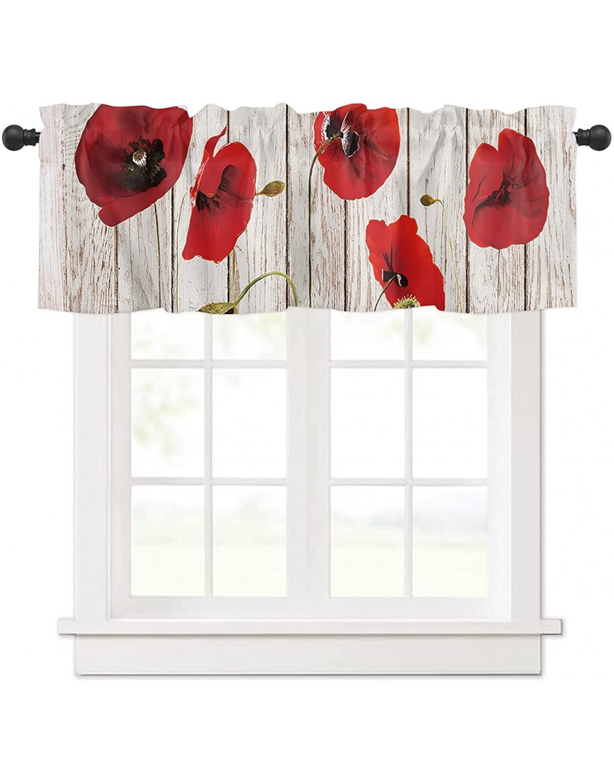 Curtain Valances for Kitchen Windows Rustic Red Poppy Flower Privacy Rod Pocket Drape Vintage Floral Art Wooden Board Window Valance Toppers for Living Room Bathroom Cafe Home Decor