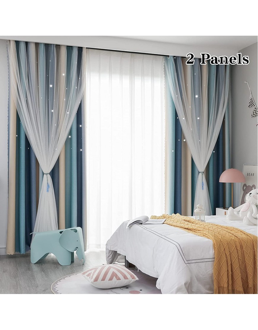 FlySheep Star Cutout Blackout Curtains 2 Panels for Kids Girls Bedroom Double Layer of Fabric & Tulle Star Cut Out Sparkle Gradient Stripe Window Curtains 2 in 1 Blue Beige Stripes 52x63 inches
