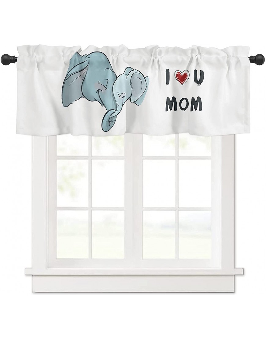 Mom and Baby Elephant Mother's Day Love Heart Rod Pocket Valance Window Curtains Cartoon Animal Kitchen Short Panel Valances Windows Treatment for Bedroom Laundry Room 54x18in