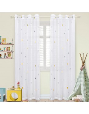 MYSKY HOME Sheer Curtains for Living Room 84 Inches Long 2 Panels Faux Linen Embroidered Yellow Blue Raindrop Semi Sheer Voile Window Curtains Drapes for Kids Room Grommet Top