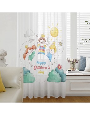 Semi Sheer Curtains & Drapes for Living Room Kitchen Bedroom Window Curtains 45 Inches Long Happy Children's Day Cartoon Watercolor Pocket Chiffon Voile Sheer Drapes