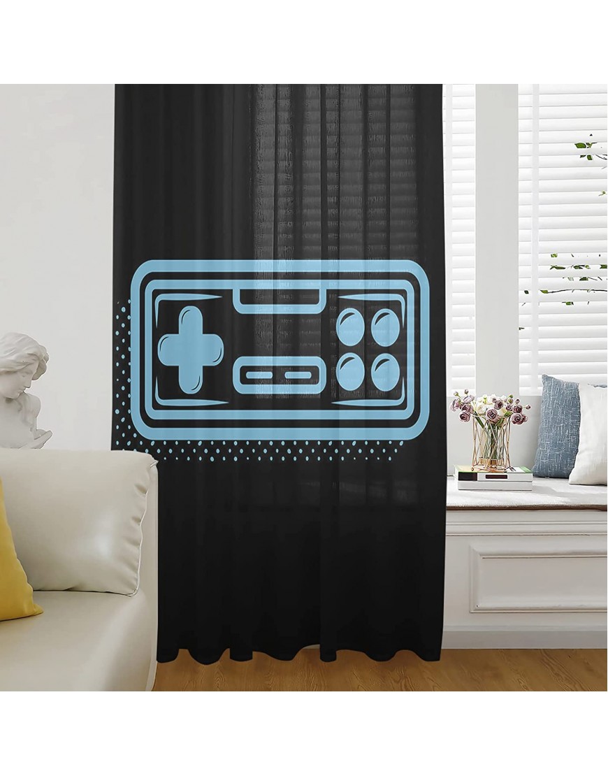 Semi Sheer Curtains & Drapes for Living Room Kitchen Bedroom Window Curtains 63 Inches Long Video Game Pocket Chiffon Voile Sheer Drapes Blue Gamer Kids Boys Gamepad Console Game Controller