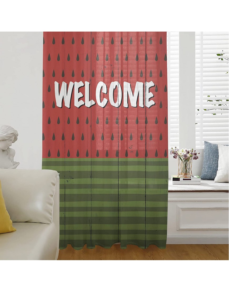 Semi Sheer Curtains & Drapes for Living Room Kitchen Bedroom Window Curtains 72 Inches Long Cartoon Summer Watermelon Stripe Green Pocket Chiffon Voile Sheer Drapes