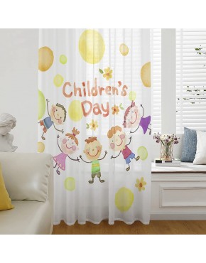 Semi Sheer Curtains & Drapes for Living Room Kitchen Bedroom Window Curtains 84 Inches Long Cartoon Watercolor Happy Children's Day Pocket Chiffon Voile Sheer Drapes
