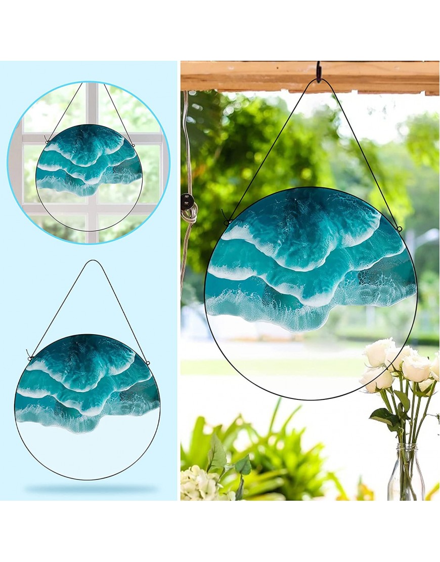 Cloudro Blue Ocean Wave Wall Hanging Ornament Multicolor Rainbow on a Wire High Stained Glass Window Panel Acrylic Wall Art Wall Decoration for Living Room,Bedroom Patio Yard Outdoor Dec E