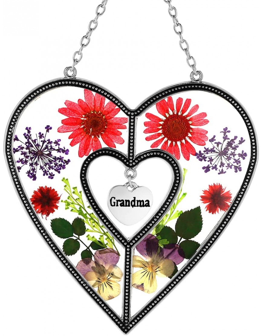 Grandma Heart Suncatchers Ornament Stained Glass Heart Suncatcher Wind Chime with Pressed Flower Heart Embedded in Glass Grandma Window hangings Gifts for Grandma Birthdays Christmas