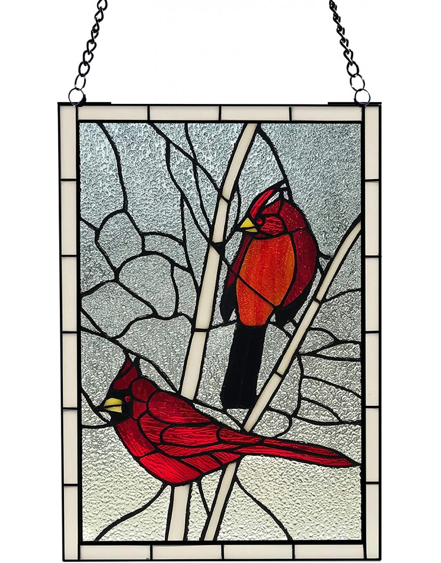 RIVER OF GOODS Cardinal Stained Glass Window Hanging 18.5 H Window Suncatcher Red and White Panel