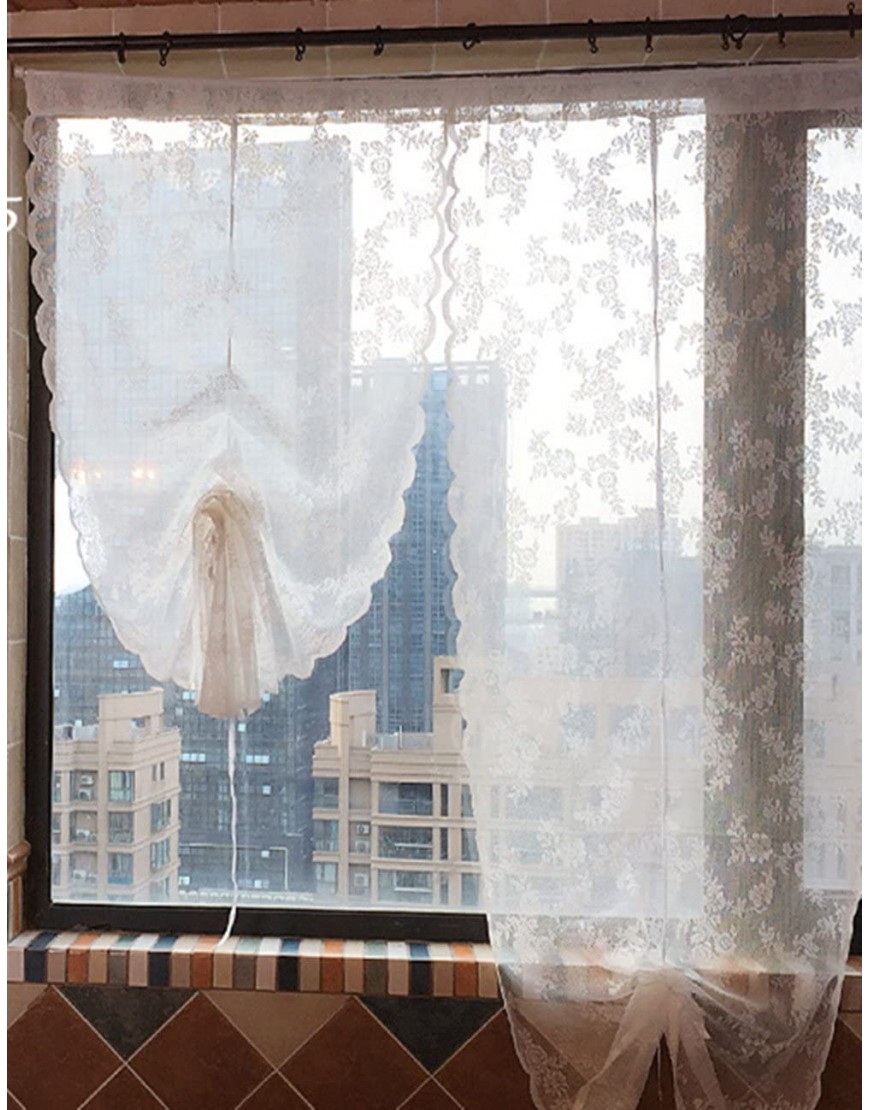 1pcs Tie-Up Lace Roman Curtain Top Sheer Kitchen Balloon Window Curtain,26 x 71 Inch,White 26''Wx71''H