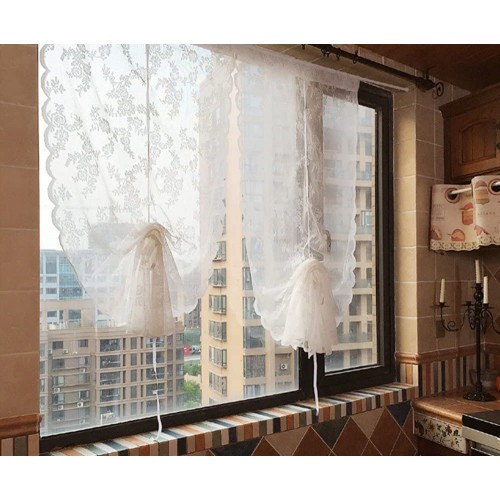 1pcs Tie-Up Lace Roman Curtain Top Sheer Kitchen Balloon Window Curtain,26 x 71 Inch,White 26''Wx71''H