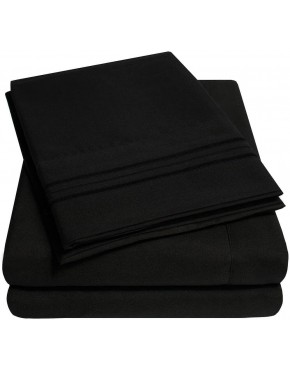 4 Piece Black Sheets Twin Size Dark Shade Triple Stitch Modern Style Detailed Embroidered Solid Color Stylish Striped Pattern | All Season Plain weave Extra Deep Pocket Smooth Cozy Gorgeous Neat