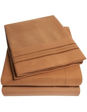 4 Piece Soft Sheets Full Size Mocha Shade Triple Stitch Modern Style Detailed Embroidered Solid Color Stylish Striped Pattern | All Season Plain weave Extra Deep Pocket Cozy Smooth Gorgeous Brown