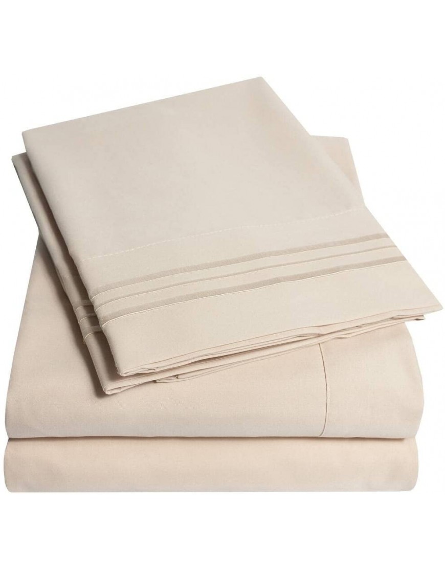4 Piece Soft Sheets Queen Size Beige Brown Shade Triple Stitch Modern Style Detailed Embroidered Solid Color Stylish Striped Pattern | All Season Plain weave Cozy Extra Deep Pocket Smooth Gorgeous