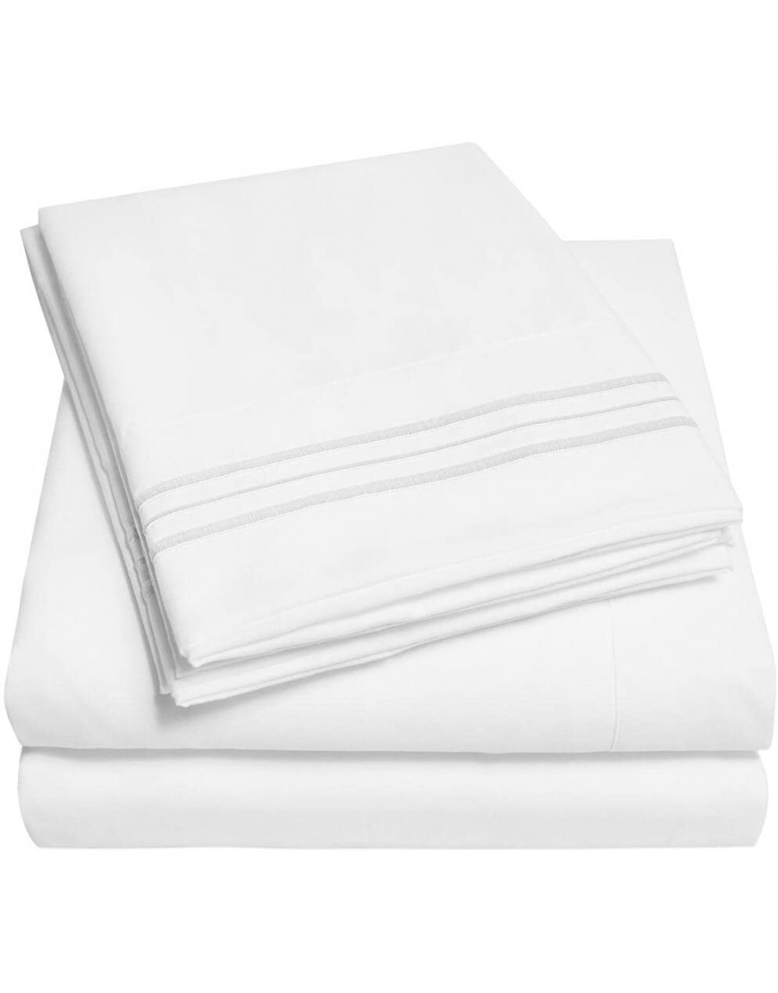 4 Piece White Sheets King Size Cream Shade Triple Stitch Modern Style Detailed Embroidered Solid Color Stylish Striped Pattern | All Season Plain weave Extra Deep Pocket Cozy Smooth Gorgeous Neat