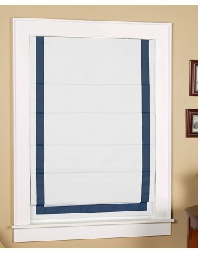 Green Mountain Vista Thermal Blackout Cordless Roman Shade with Ribbon Border Size 34" Wide x 63" Long White Face Fabric with Navy Blue Border