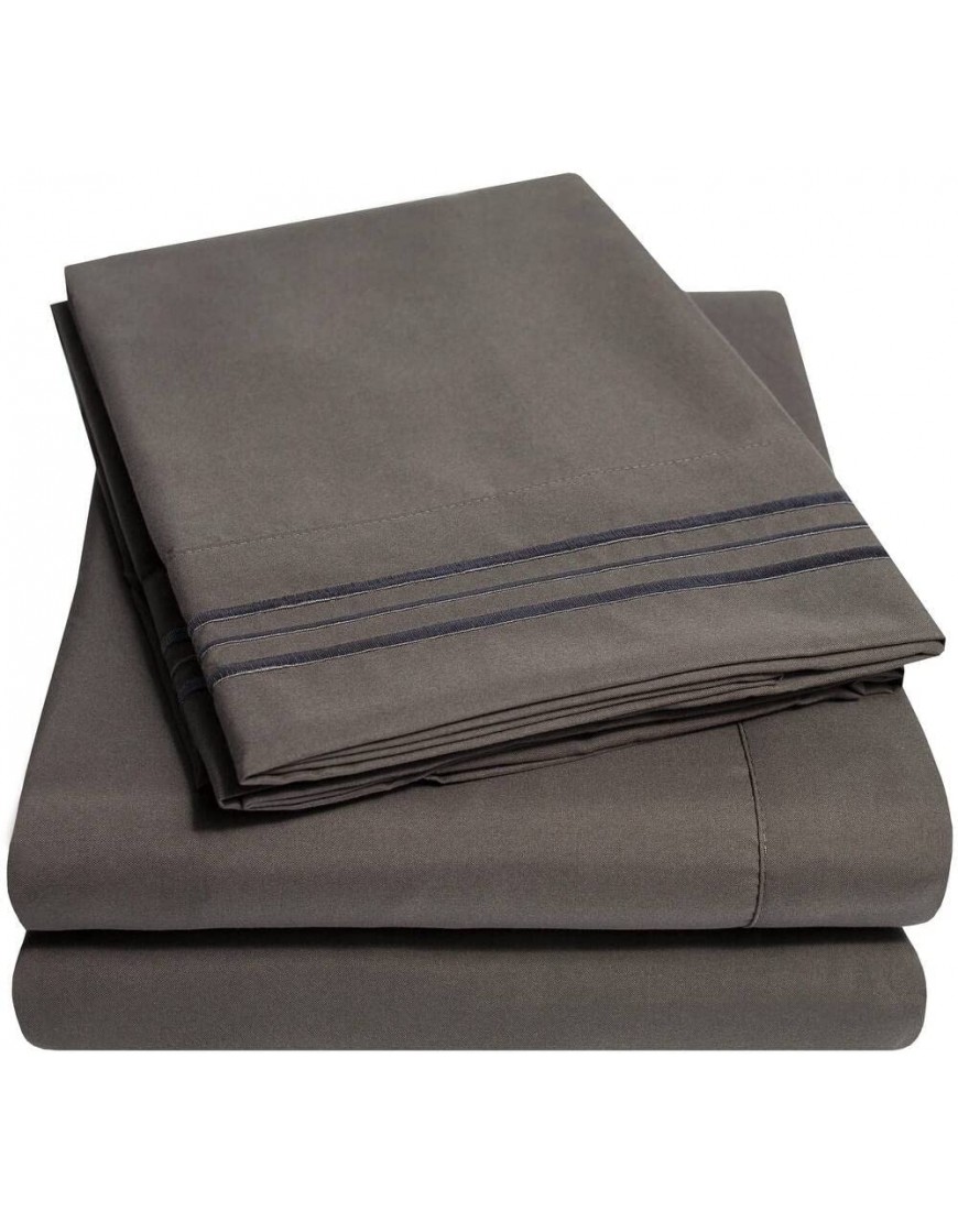 HNU 4 Piece Grey Sheets King Size Dark Gray Shade Triple Stitch Modern Style Detailed Embroidered Solid Color Stylish Striped Pattern | All Season Plain Weave Extra Deep Pocket Smooth Cozy Gorgeous