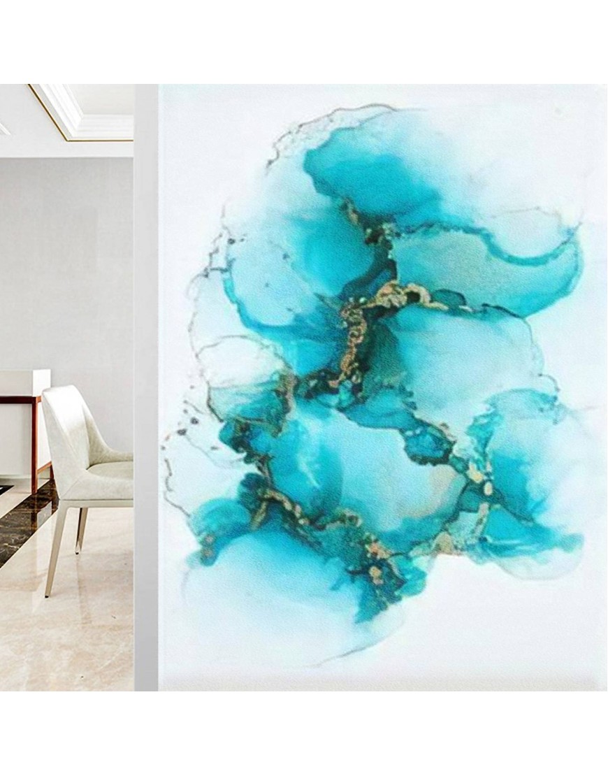 Privacy Window Film Anti UV Frosted Window Paper Beautiful Ethereal Teal Alcohol Ink Artwork with Gold Accents Static Cling Glass Sliding Door Decorative Sticker for Bathroom Home Office
