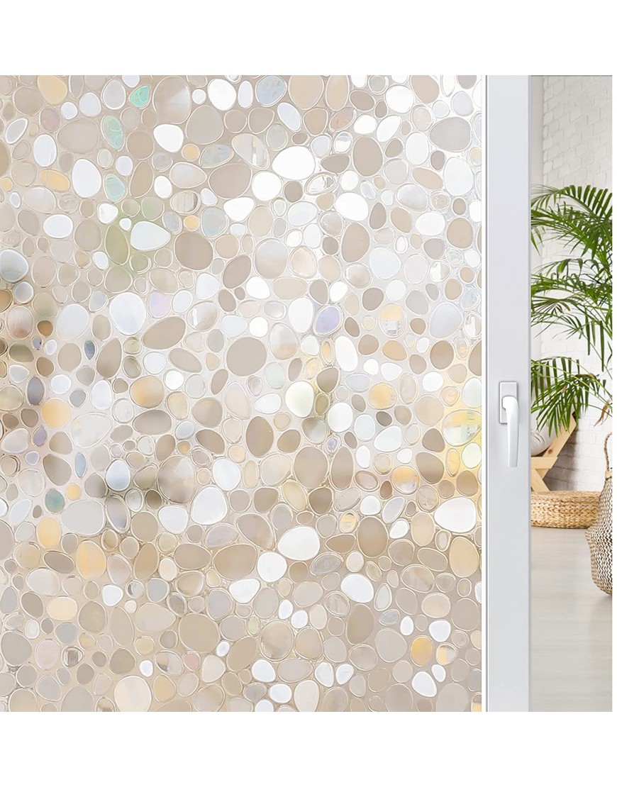 rabbitgoo Window Privacy Film Decorative Window Clings UV Blocking Window Coverings Static Cling Non Adhesive Door Window Stickers Stained Glass Rainbow Window Vinyl 3D Pebble 23.6 x 78.7 inches