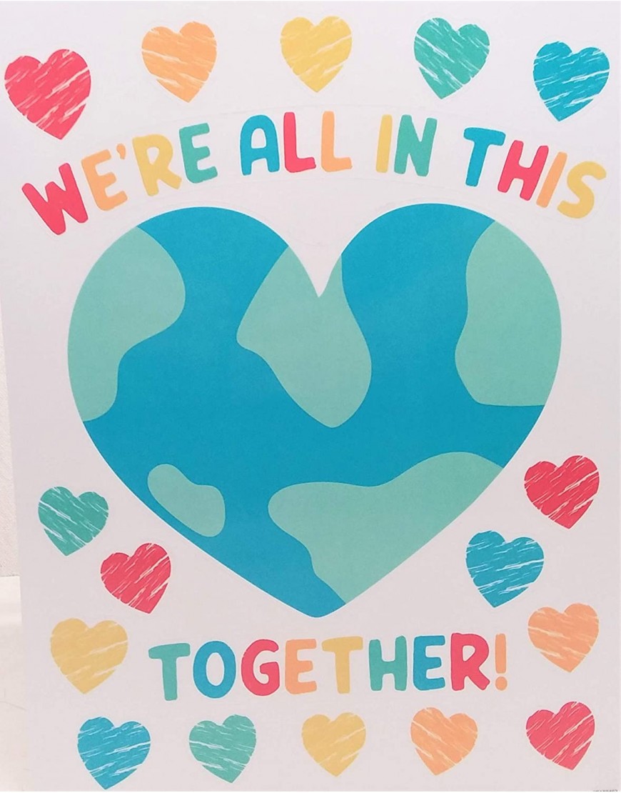 We're All in This Together Heart Shaped Earth and Colorful Hearts 19 Pieces Window Static Cling Accents Stickers Bright Multicolor 9.5 x 8 Earth Heart