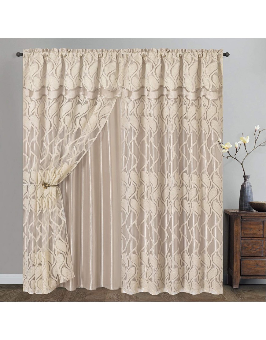 GOHD Light Grace. Clipped Voile Voile Jacquard Window Curtain Panel Drape with Attached Double Valance and Taffeta Backing. 2pcs Set. Each pc 54 inches Wide x 84 inches Drop + Valance. Sand