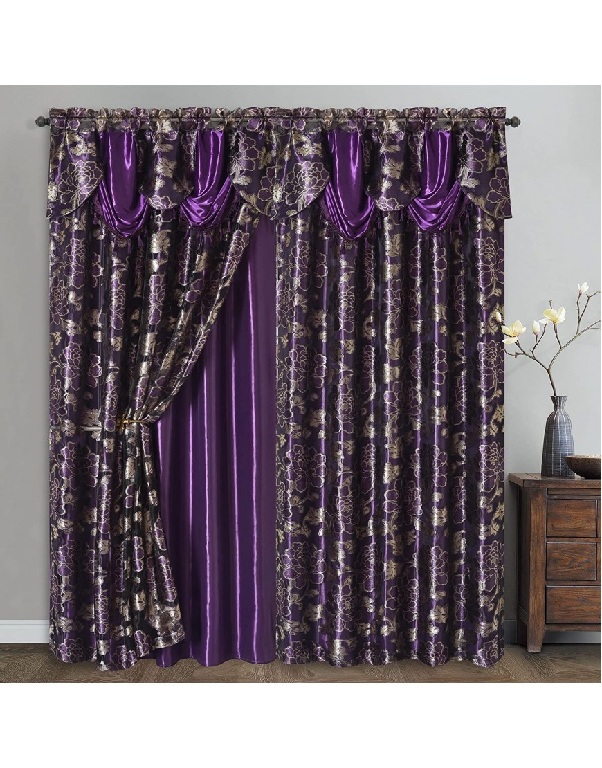 GOHD Royal ROSARIUM. Clipped Voile  Voile Jacquard Window Curtain Panel Drape with Attached Fancy Valance & Taffeta Backing. 2pcs Set. Each pc 54" Wide x 84" Drop + 18" Valance. Purple