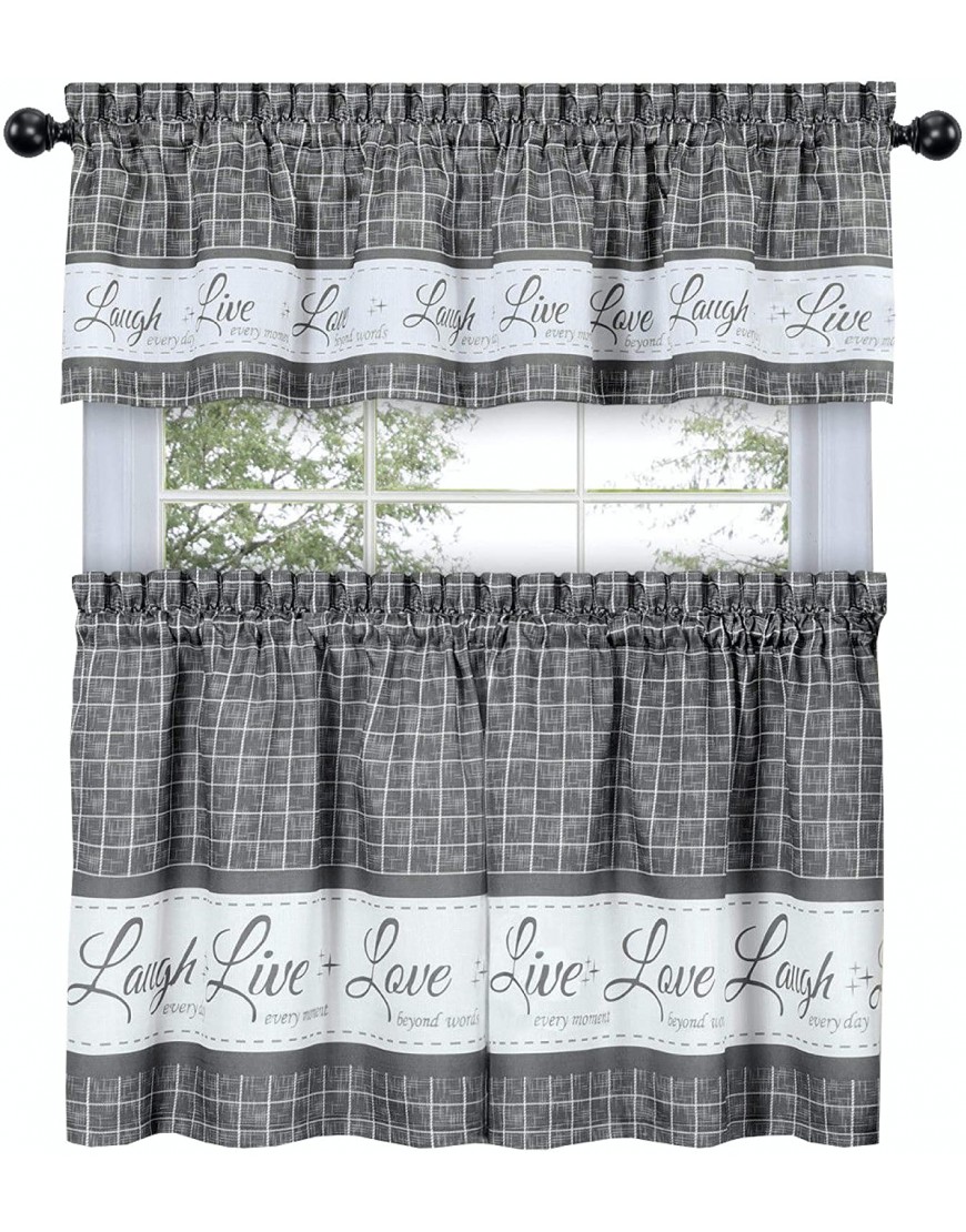 GoodGram Country Gingham Check Live~Laugh~Love 3 Pc. Café Plaid Kitchen Curtain Set Assorted Colors & Sizes Gray 36 in. L