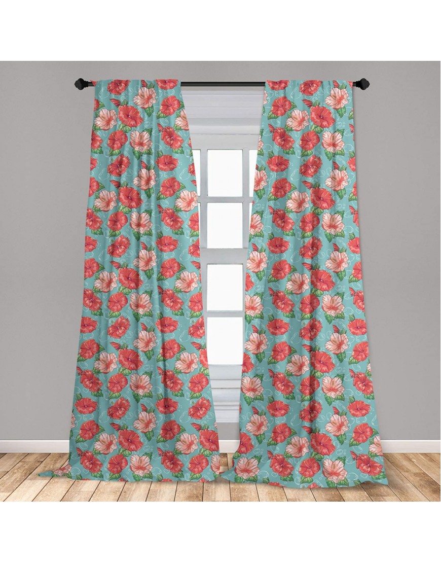 Ambesonne Hibiscus Curtains Pattern of Tropic Flowers and Bubbles Graphic Window Treatments 2 Panel Set for Living Room Bedroom Decor 56 x 84 Teal Coral