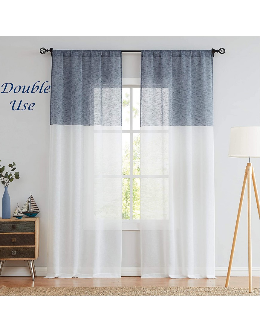 Central Park Navy and White Stripe Sheer Color Block Window Curtain Panel Linen Drape Treatment for Bedroom Living Room Farmhouse 95 inches Long with Rod Pocket,2 Panel Rustic Living Panels