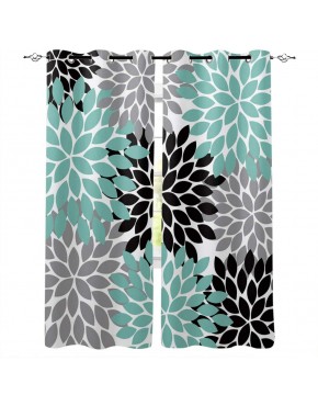 Window Curtain Dahlia Floral Home Decor Draperies 2 Panels Set for Living Room Bedroom Turquoise Grey Black 52×52Inches×2