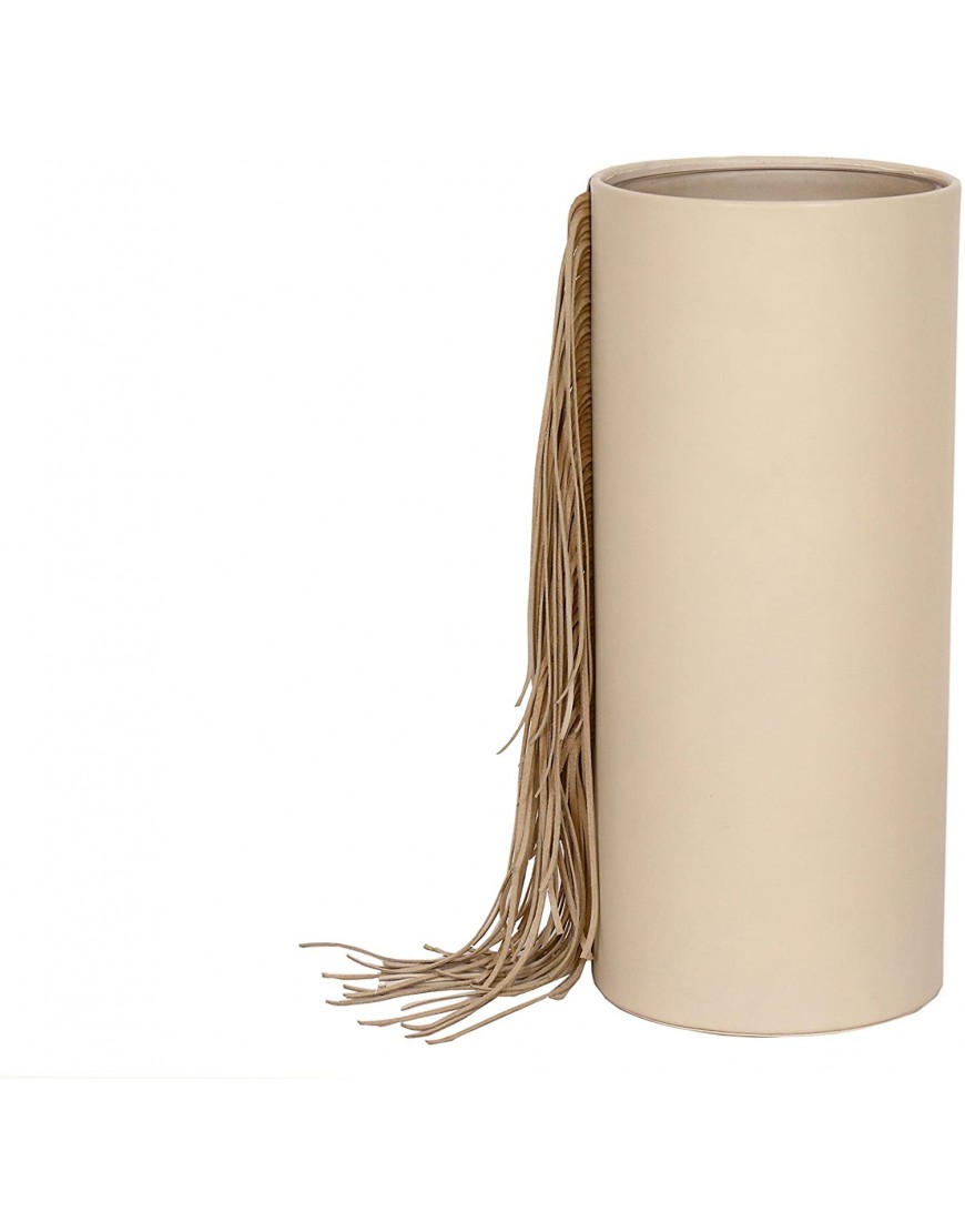 Large Leather Vase Home Decor Round Modern Style Cream with Fringes Accent Piece with Glass Insert 7 x 7 x 16 Sibilla