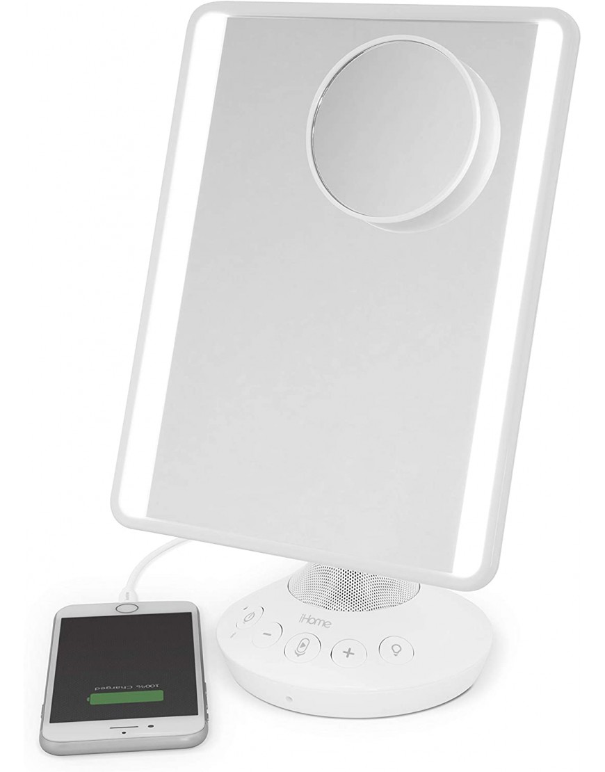 iHome 7" x 9" Reflect iCVBT22W Adjustable Vanity Mirror with Bonus 10X Mirror Bluetooth Audio Hands-Free Speakerphone LED Lighting Siri & Google Support USB Charging White 7" x 9"