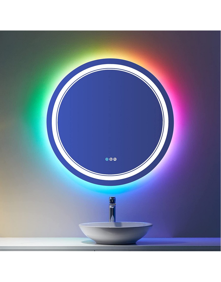 ISTRIPMF 24 inch Round Led Mirror RGB Color Changing Circle Mirror Shatterproof Dimmable Anti-Fog Backlit Mirror RGB Multicolor Backlit + Adjustable Front-Lighted