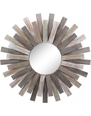 Stonebriar Large Round 32" Wooden Sunburst Hanging Wall Mirror with Attached Hanging Bracket Decorative Rustic Decor for the Living Room Bathroom Bedroom and Entryway
