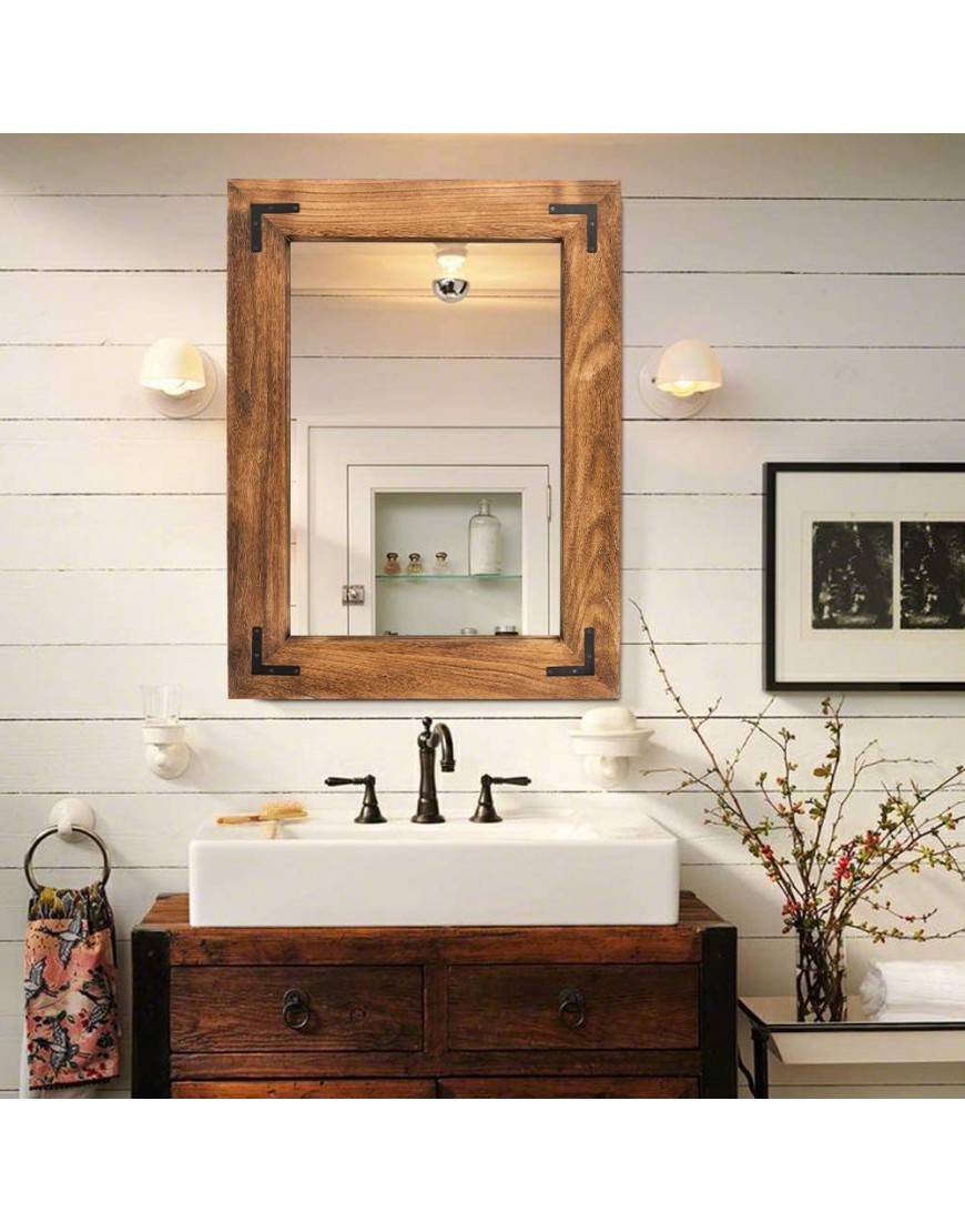 YOSHOOT Rustic Wooden Framed Wall Mirror Natural Wood Bathroom Vanity Mirror for Farmhouse Decor Vertical or Horizontal Hanging 32" x 24" Brown