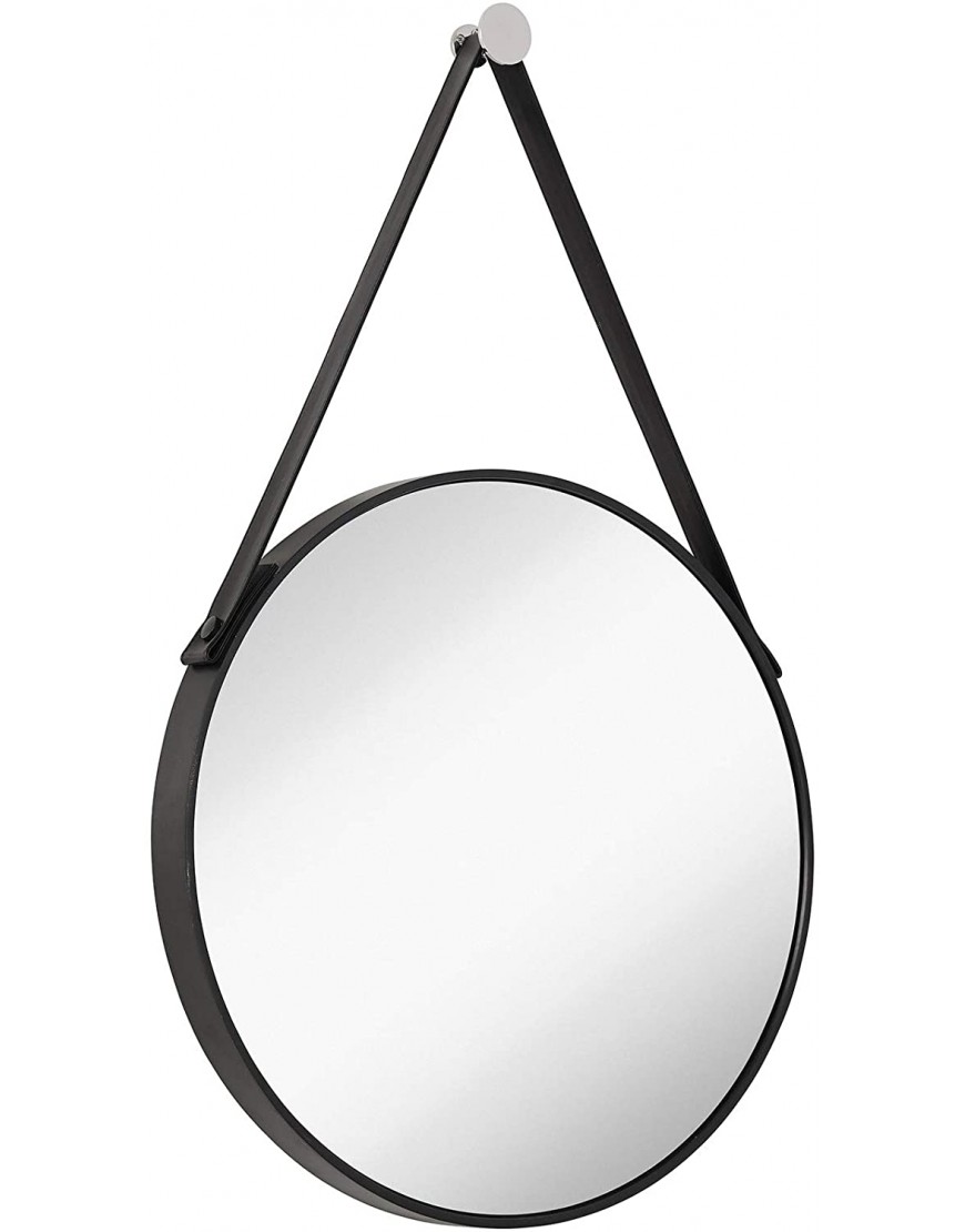 Hamilton Hills Hanging Black Leather Strap Metal Circular Wall Mirror with Chrome Accents| Glass Panel Rounded Circle Design Vanity Mirror 24" Round