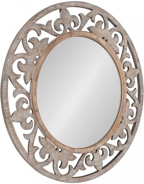 Kate and Laurel Shovali Rustic Round Mirror 31.5 Diameter Rustic Whitewash Ornate Wood-Carved Frame Decadent Wall Decor with Vintage Charm