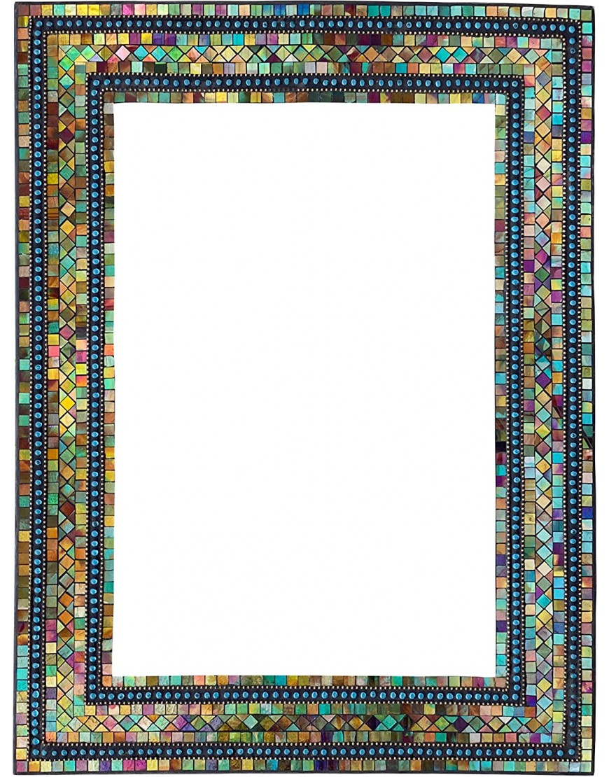 Zorigs Mirror Wall Art Décor – Handcrafted Decorative Wall Mirror Turquoise Green Brown Yellow and Indigo Reflective Mosaic Mirror 32 X 24 Rectangular Mirror for Hallway Bedroom Living Room