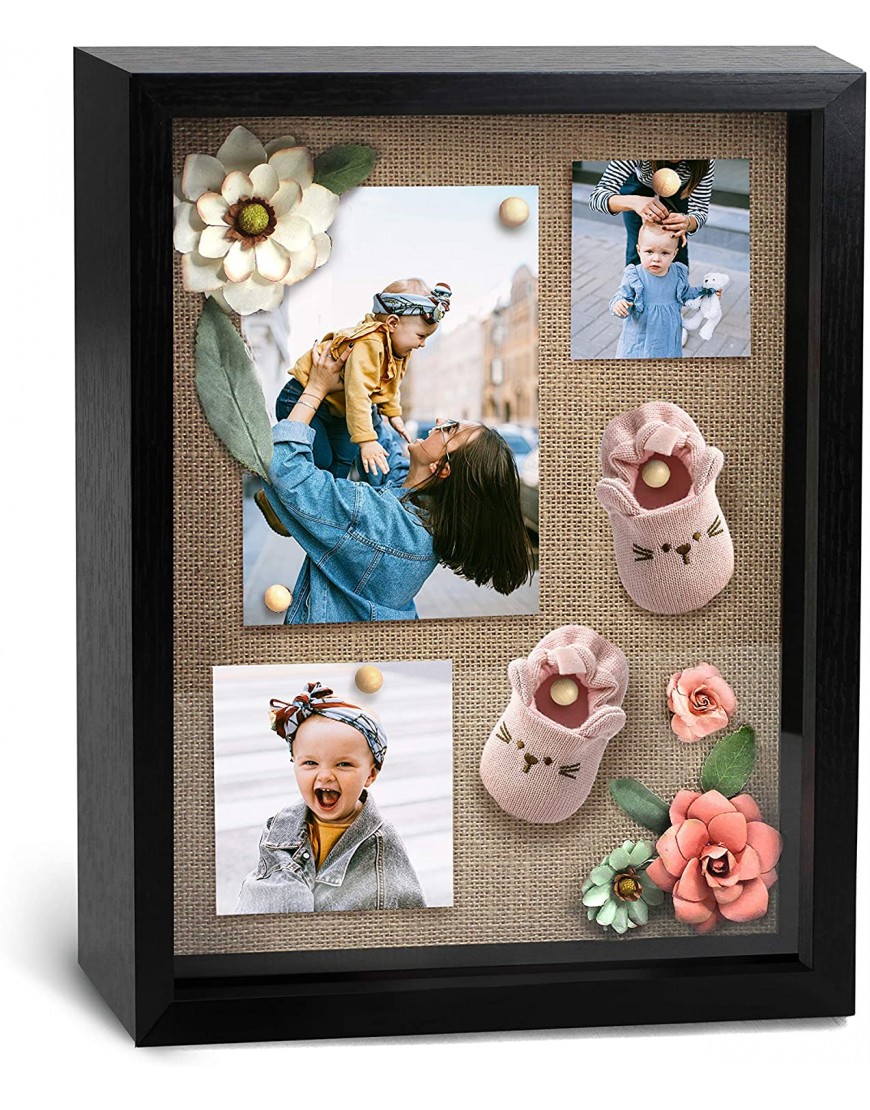 CAVEPOP 12x15” Black Wood Display Shadow Box Frame with Natural Linen Background Includes 6 Wood Pins and Hanging Hardware Display Photos and Mementos…
