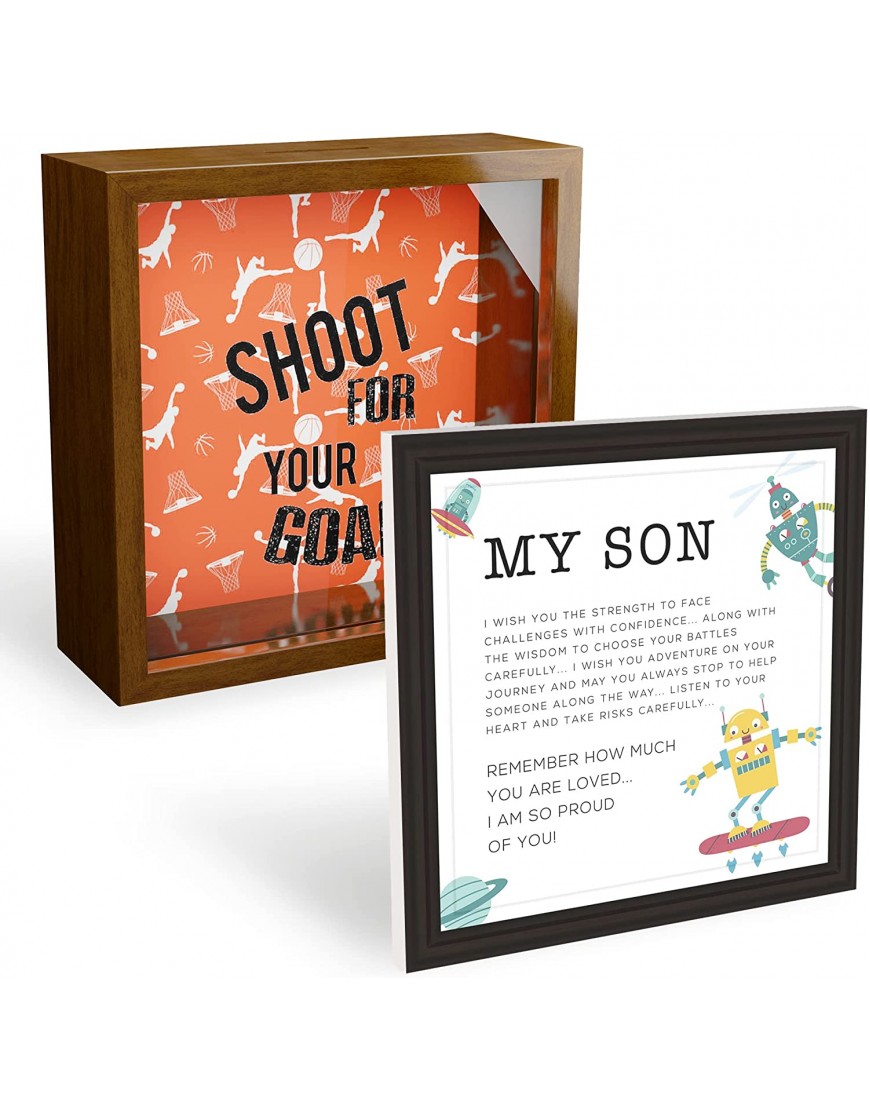Gifts for Basketball Players 1 Themed Shadow Box and Piggy Bank for Boys + 1 Decorative Ceramic Sign with Easel and Hook on Back My Son Plaque Wall Decor and Desk Accent