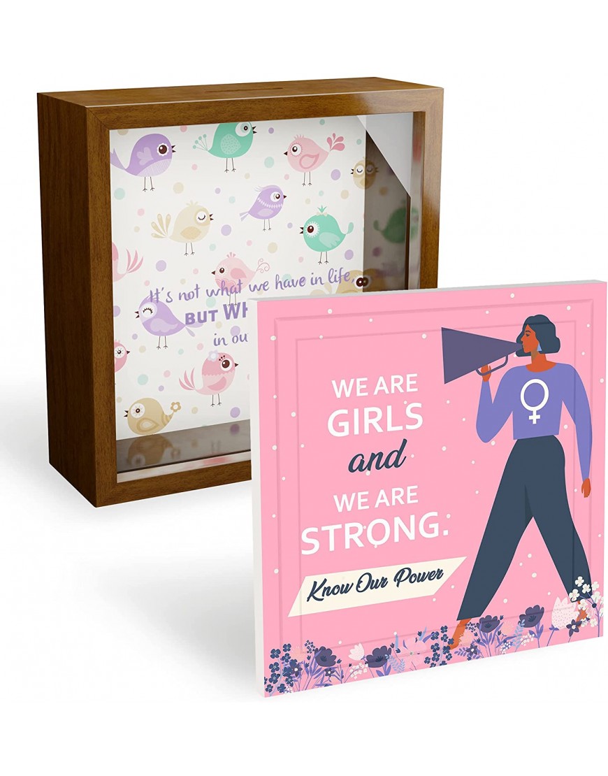 Girl Power Gifts for Best Friend 1 Shadow Box Bank with Slot + 1 Ceramic Plaque Empowerment Wall Artwork or Night Table Decor Long Distance Friendship Frame