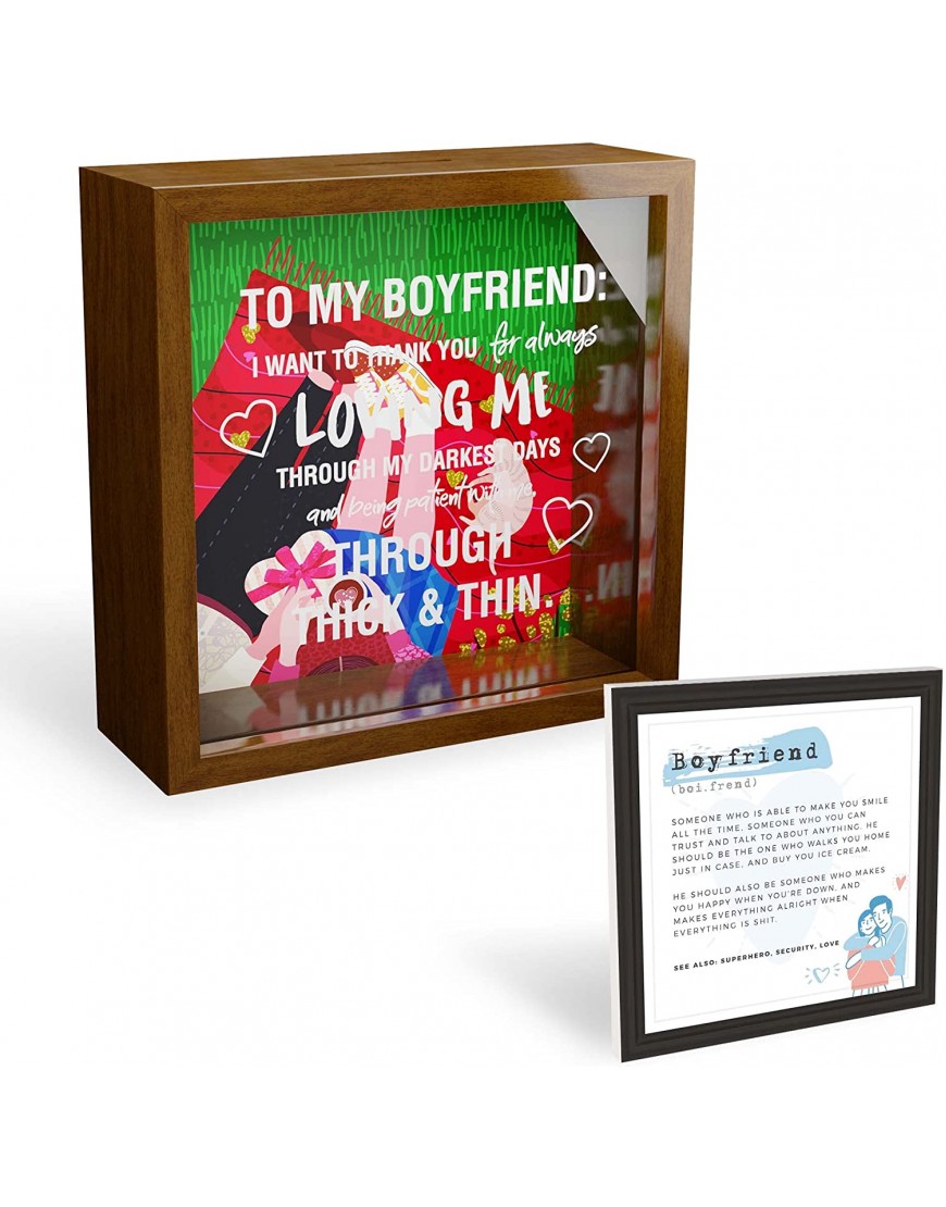 mSentimental Gifts for Boyfriend from Girlfriend Anniversary or Birthday Presents for Boyfriend Multipurpose Wooden Shadow Box Decorative Saving Fund & Memory Keepsake Frame 6x6x2 Inches