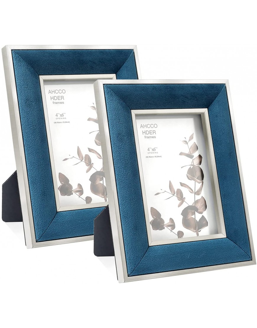 4x6 Picture Frame Silver Side Navy Blue Velvet Photo Frame Horizontal and Vertical Formats Display decor for Tabletop or Wall Mounting Solid High Definition Glass 2 Pack 4 by 6 2 4" x 6"