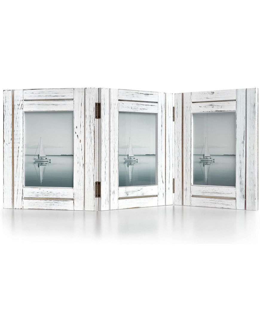 Barnyard Designs Rustic Wood Picture Frame Set Three Connected Folding Wooden Frames for 5” x 7” Photos Large Distressed Farmhouse Collage Frames White 22.5" x 9.5"
