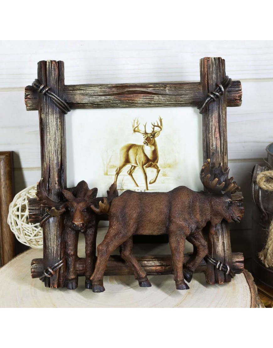 Ebros Gift Country Rustic Wildlife Elk Moose by Barbed Wire Wooden Farm Fence Easel Back Picture Frame for 4X6 Photo Hunters Deers Mooses Antler Racks Cabin Lodge Cottage Accent